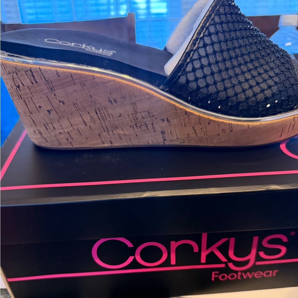 Corkys Black Mesh Wedge Sandals